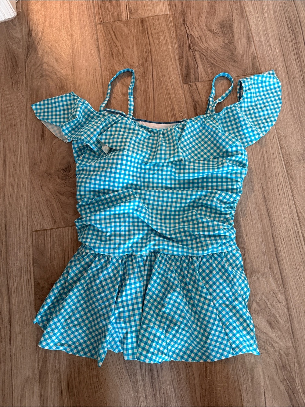 Blue Gingham Ruffle One-Piece Swimdress with Skirt